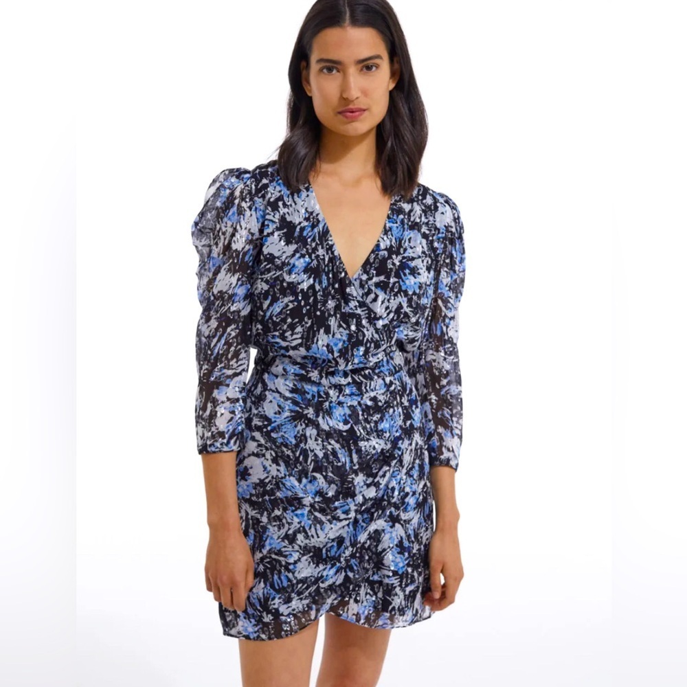 The Kooples Firework Printed Metallic Blue and Black Dress Size 3 Large